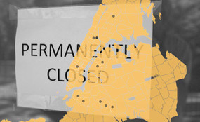 A map showing locations where layoffs have occurred in New York programs overlaid with a photo of a sign stating "permanently closed."