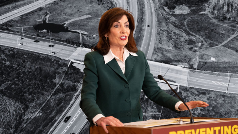 A collage of Hochul and the route 17 highway