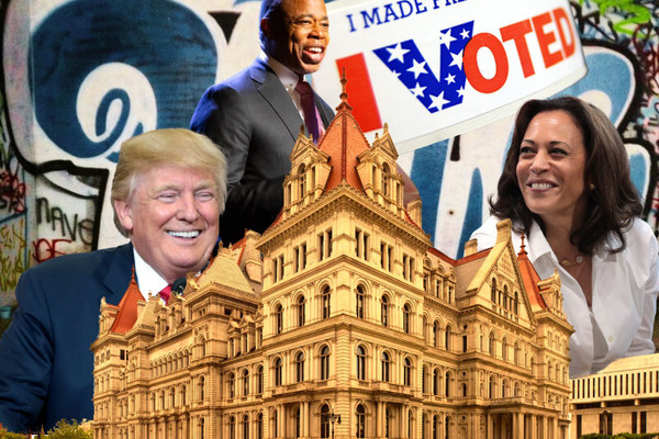 A collage of images showing the Albany Capitol building, Vice President Kamala Harris, former President Donald Trump, and NYC Mayor Eric Adams.