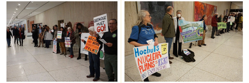 Two photos showing a few dozen environmentalists rallying outside the entrance to the Egg theater in Albany's indoor Empire State Plaza.