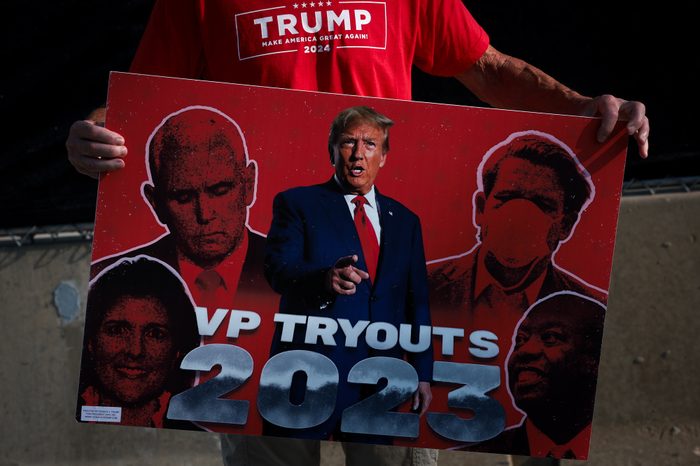 VP TRYOUTS 2023 Sign held by Trump supporter
