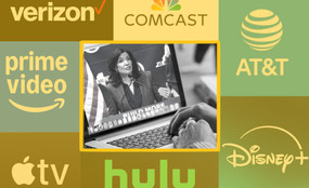 Black and white photograph of someone's hands resting on a laptop keyboard, a photo of Kathy Hochul appears on the laptop screen. Around the border of the image, the logos of Verizon, Comcast, At&T, Disney Plus, Hulu, Apple TV, and Amazon Prime Video appear.