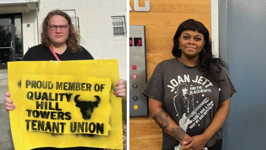 In one photo, a person holds a giant yellow sign "Proud Member of Quality Hill Tenants Union." In the other, a woman in a Joan Jett shirt stands defiantly in front of an elevator.