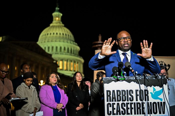 Rep. Jamaal Bowman (D-N.Y.), who has called for a cease-fire in Gaza, speaks at a news conference with Rabbis for Ceasefire and other members of the Squad. The American Israel Public Affairs Committee is making efforts to unseat the incumbent.