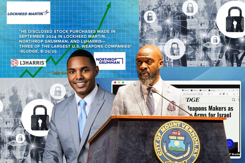 A photo collage of Representative Ritchie Torres and Michael Blake in front of images of tanks and screenshots of Blake's campaign video, lambasting Torres for his investments in weapons companies and his support of sending arms to Israel.
