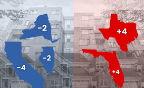 Red states and blue states superimposed over housing.
