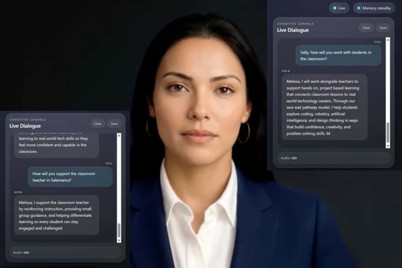 A lifelike avatar of a young woman in professional dress is flanked by two chats, transcriptions of questions a New York Focus reporter asked the AI avatar during an interview.