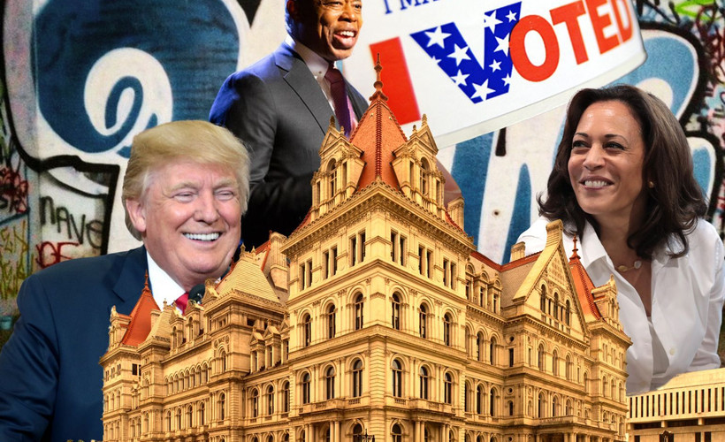 A collage of images showing the Albany Capitol building, Vice President Kamala Harris, former President Donald Trump, and NYC Mayor Eric Adams.