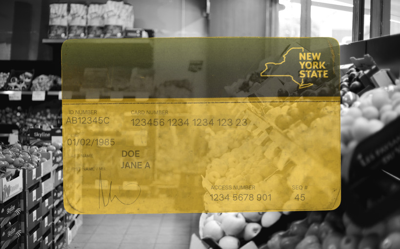 Photo collage of a transparent yellow SNAP card over the black and white produce section of a grocery store.