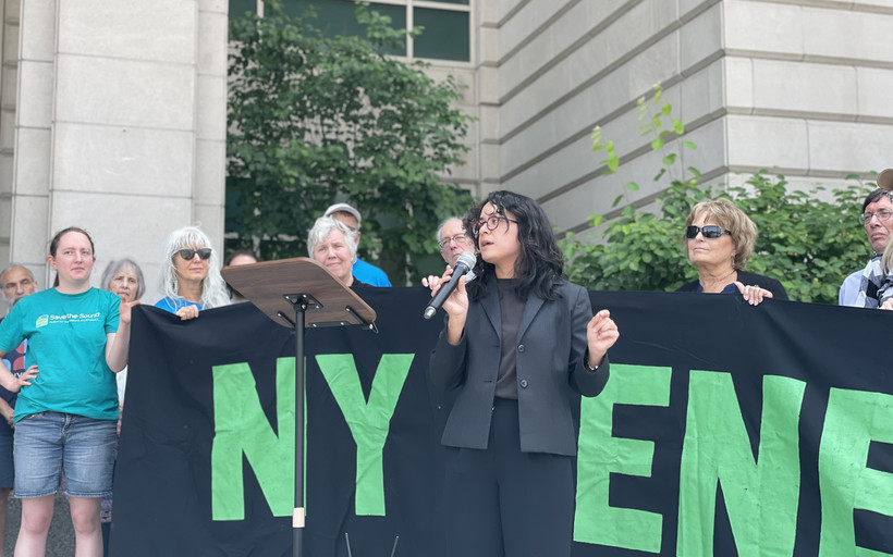 State Assemblymember Claire Valdez speaks at a rally in front of people holding a banner that reads "NY Renews."