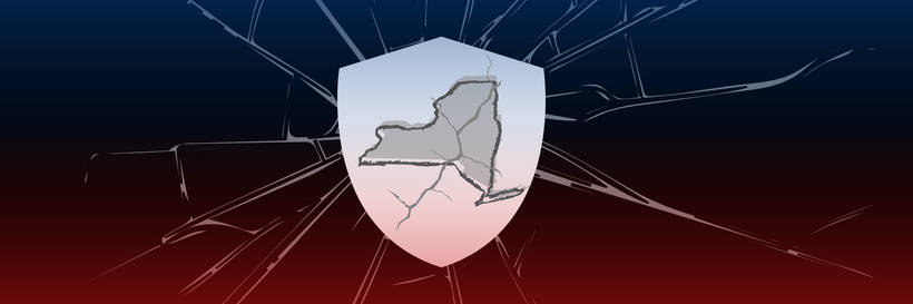 The outline of New York state, inside a badge, with a cracked effect on top and a blue and red gradient background.