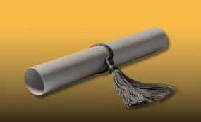 A high-contrast photo of a rolled up graduation diploma closed with a tassel against an orange and black background.