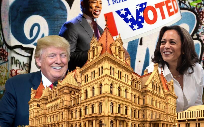 A collage of images showing the Albany Capitol building, Vice President Kamala Harris, former President Donald Trump, and NYC Mayor Eric Adams.