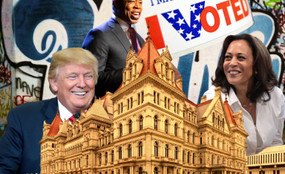 A collage of images showing the Albany Capitol building, Vice President Kamala Harris, former President Donald Trump, and NYC Mayor Eric Adams.
