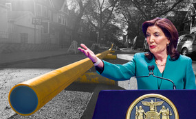 Photo collage of Governor Kathy Hochul in front of a yellow gas pipe on a residential street.
