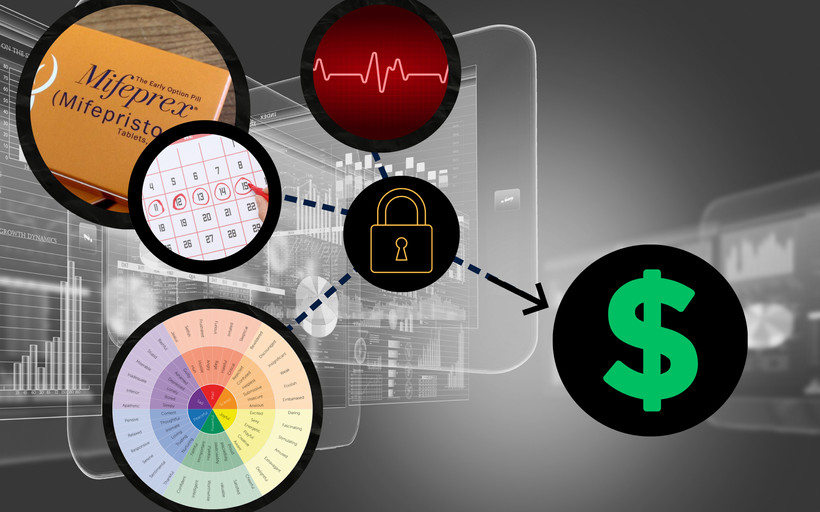 A lock icon stands in between personal health data and a dollar sign representing profit.