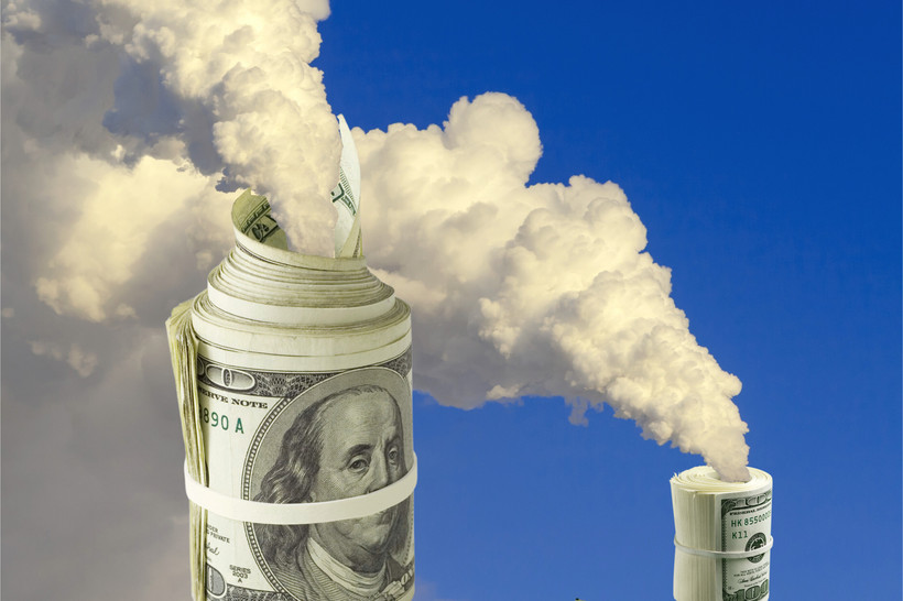 A digital illustration shows two rolls of $100 bills spewing natural gas emissions over a blue sky.