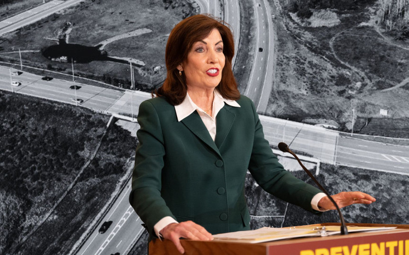 A collage of Hochul and the route 17 highway
