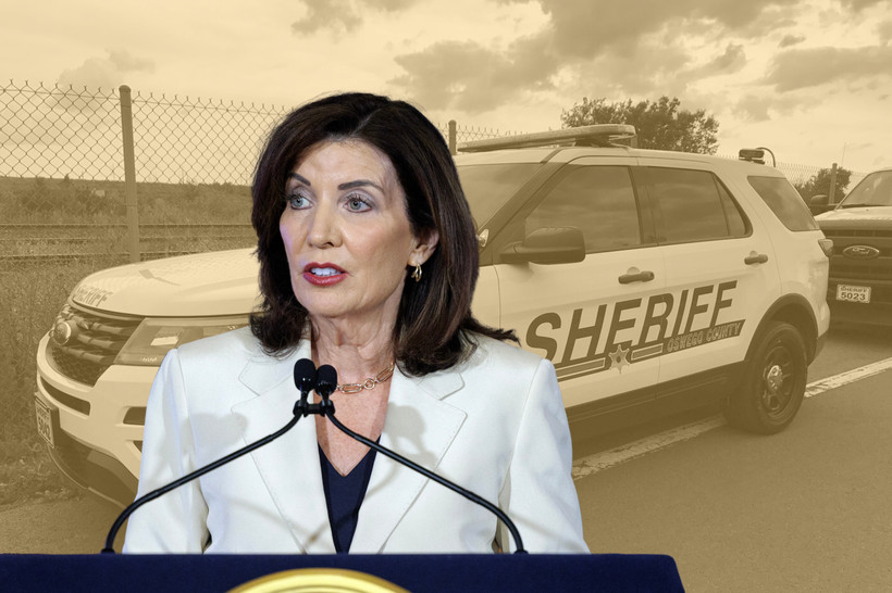 A photo collage of Governor Kathy Hochul in the foreground, over a yellow-tinted photo of an Oswego Sheriff's car in the background.