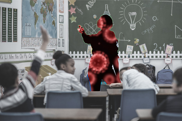 In school classroom full of children, a teacher silhouette of a teacher is filled in with microscopic coronaviruses.