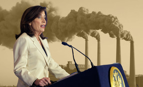A photo collage of Governor Kathy Hochul in front of a yellow-tinted photo of four smokestacks.