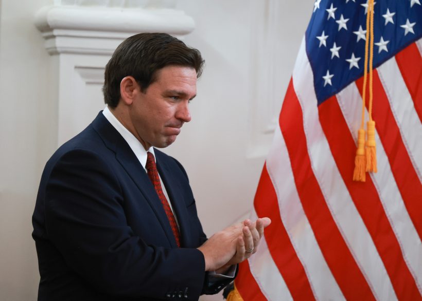 Florida Gov. Ron DeSantis speaks during a news conference on February 05, 2024 in Miami Beach, Florida.