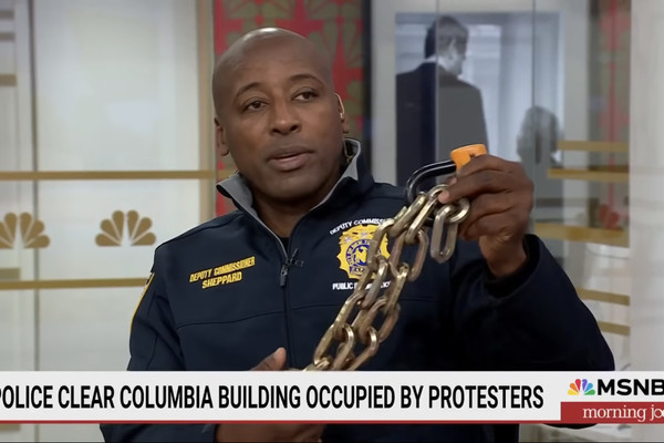 DCPI chief Tarik Sheppard displays a bike lock retrieved from Columbia University on MSNBC's Morning Joe on May 1, 2024.