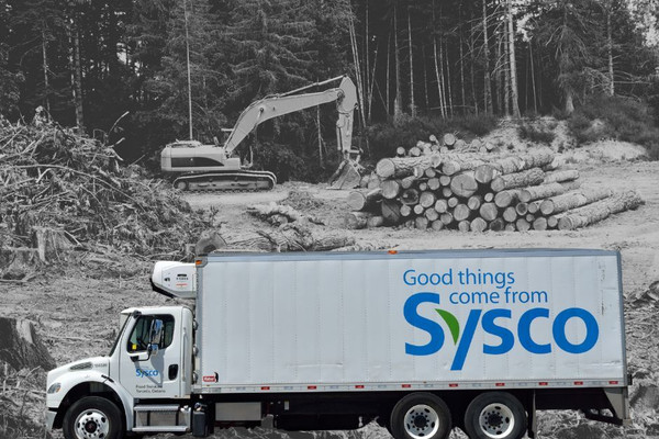A Sysco truck against a background of logging