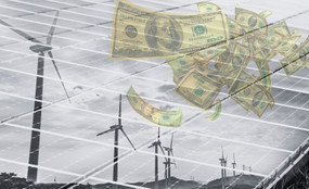 A solar planel with wind turbines in its reflection, and hundred dollar bills fluttering in the air.