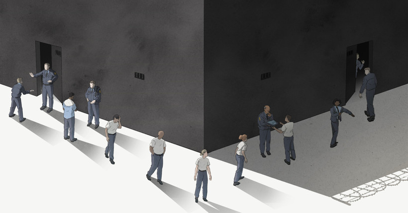 Correctional officers are being blocked from a door of a prison on the left side of an illustration. They walk around the corner, removing their uniforms, only to be welcomed back to a door on the right side of the prison. Their uniforms are returned to them in the process.
