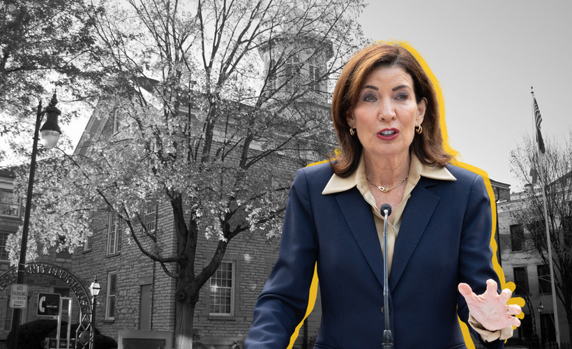 A photo collage of Kathy Hochul standing in front of the Ulster County Courthouse.