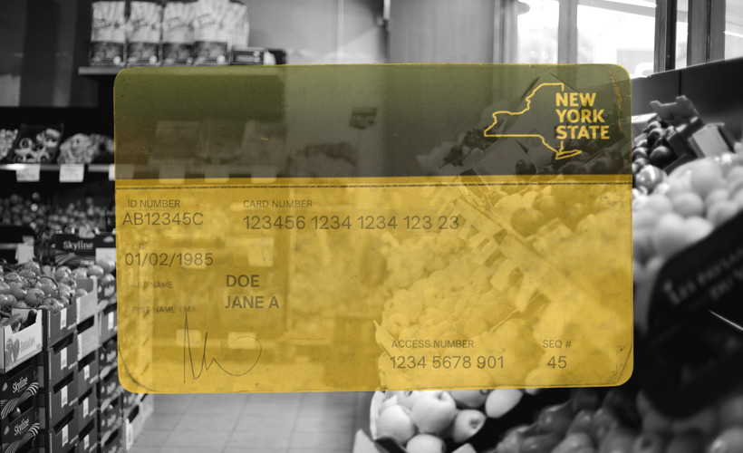 Photo collage of a transparent yellow SNAP card over the black and white produce section of a grocery store.