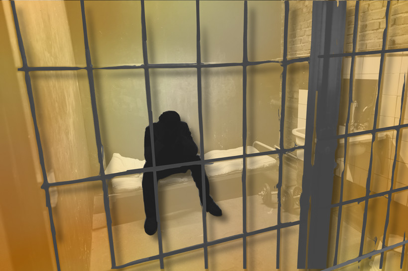 A person inside an extremely hot prison cell sits hunched over.