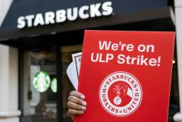 A worker holds a sign reading: We're on ULP strike!