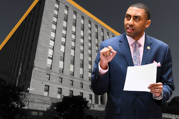 A photo illustration showing Bronx Democratic Party Chair Jamaal Bailey in front of the Bronx County Courthouse.