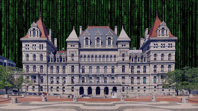 The New York state Capitol against a wall of code