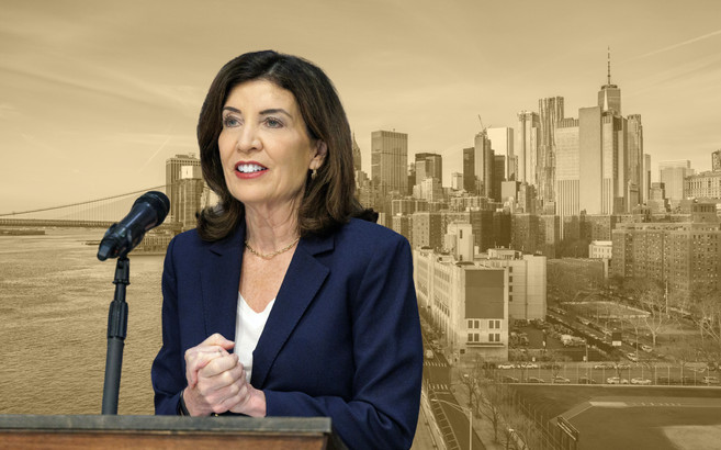 Photo collage of Governor Kathy Hochul in front of a yellow-tinted photo of New York City.