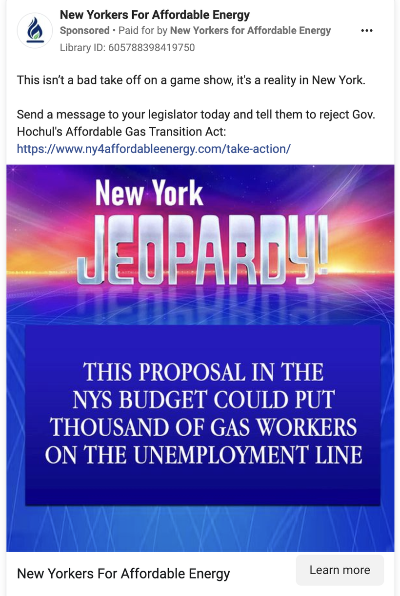 A Facebook ad from New Yorkers for Affordable Energy in the style of "Jeopardy."