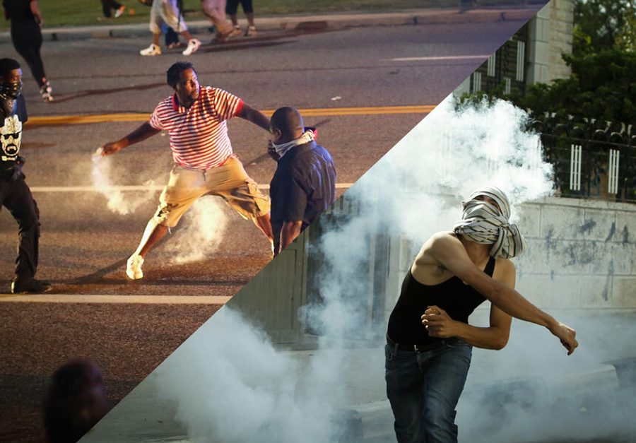 The image is split diagonally. In the top triangle of the image, a Black man holds a smoking gas canister. In the bottom triangle of the image, a Palestinian man is in a throwing stance, surrounded by smoke.