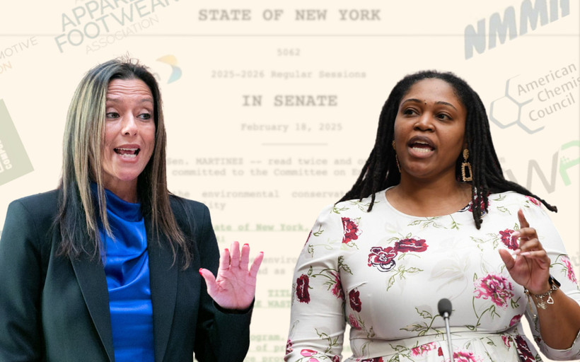 Senator Monica Martinez (left) and Assemblymember Chantel Jackson (right) in an illustration showing legislative text and logos in the background