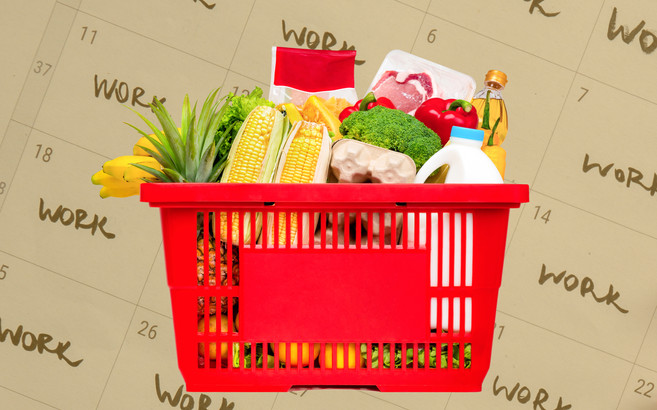 A photo collage of a shopping basket full of groceries, in front of a yellow-tinted photo of a calendar with "work" written in many of the days.