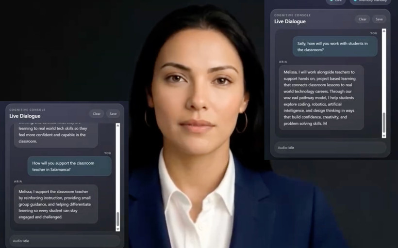 A lifelike avatar of a young woman in professional dress is flanked by two chats, transcriptions of questions a New York Focus reporter asked the AI avatar during an interview.