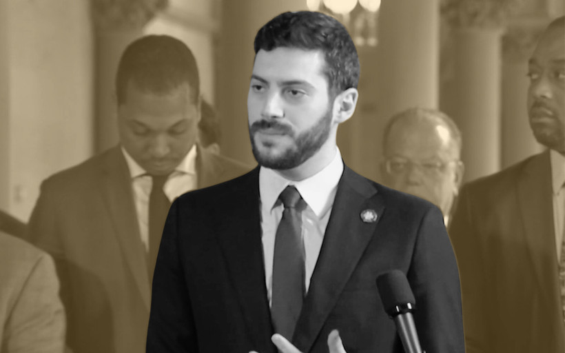 Illustration of Alex Bores speaking at a press conference.