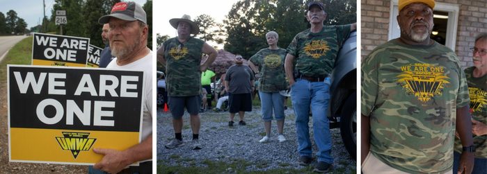 Three images in a row show striking coal miners. In the first, white men along a roadside hold large "WE ARE ONE" signs. In The second, four miners in UMWA shirts stand in a defiant V in a parking lot. In the third, a black miner in a UMWA shirt faces the camera.