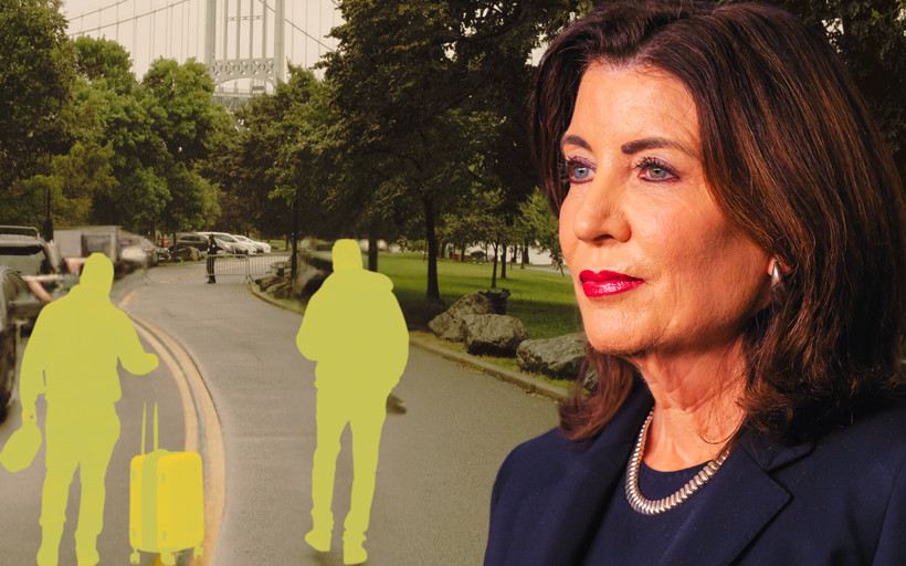 A photo illustration showing Governor Kathy Hochul's face and migrants walking down a NYC street.