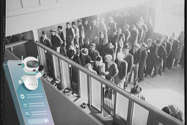 A line of unemployment seekers waits in a San Francisco benefits office during the Great Depression in a black-and-white image. Color clipart of a chatbot is overlayed on the left side