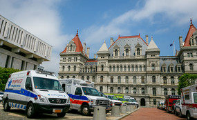 Ambulances in front of the NY State Capitol Building in Albany.