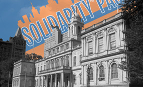 The Solidarity PAC logo is superimposed on the sky behind New York City Hall.