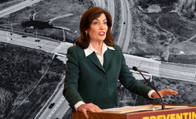 A collage of Hochul and the route 17 highway