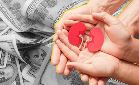 Photo collage of two pairs of hands holding a paper cutout of a pair of kidneys, in front of a pile of hundred dollar bills.